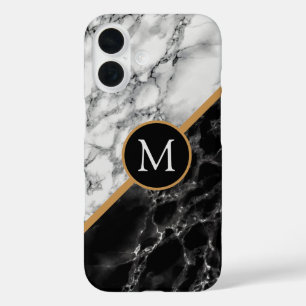 Coque Pour iPhone 16 LETTRE PERSONNALISÉE MARBRE BLANC NOIR MONogramme