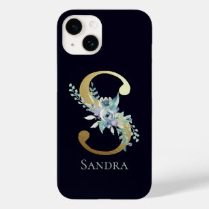 Coque Pour iPhone 14 Lettre S Monogramme Or Élégant Fleur Bleue Nom