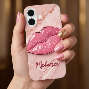 Coque Pour iPhone 16 Lèvres brillantes en marbre rose modelées