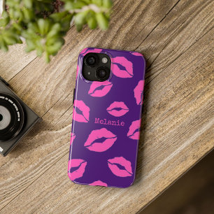 Coque Pour Pour iPhone 14 Pro Max Lèvres de bisou rose personnalisées sur violet