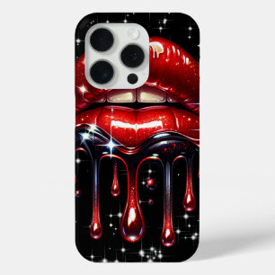 Coque iPhone 15 Pro Lèvres Rouges Dégoulinantes de Paillettes Glamour 