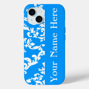 Coque Pour iPhone 15 Light Blue Bold Damask avec nom @ Emporiomoffa