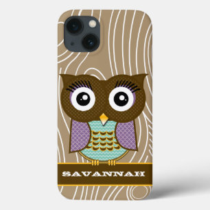 iPhone 13 Case Lilac & Aqua Owl Wood Grain Zig Zag Choisir les co