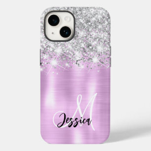 Coque Pour iPhone 14 Lilac brossé métal Parties scintillant argent Mono