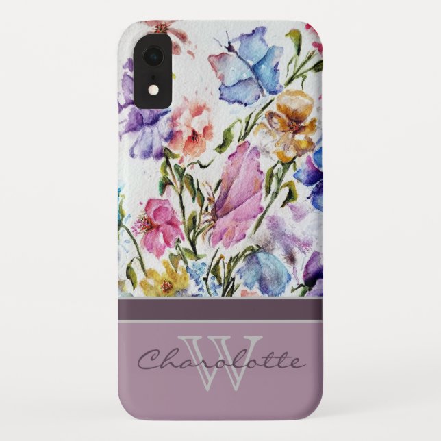 Coques Case-Mate iPhone Lilac Moderne Floral et Monogramme Papillon Nom (Dos)