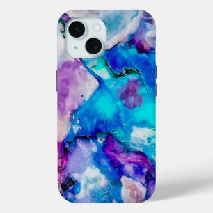 Coque Pour iPhone 15 Lilas Bleu Sarcelle Abstrait Aquarelle