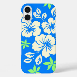 Coques iPhone 16 Plus Lilikoi Hibiscus Hawaii Pareau bleu