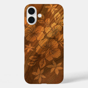 Coques iPhone 16 Plus Lilikoi Hibiscus Hawaiian Faux Wood Burl