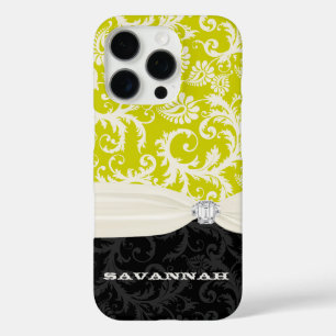 Coques iPhone 16 Pro Lime et off Blanc Damas Imprimé Faux Rhinestone