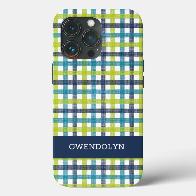 Coques Case-Mate iPhone Lime Green, Navy et bleu turquoise Plaid (Verso)