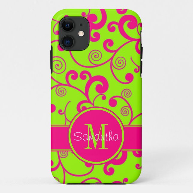 Coques Case-Mate iPhone Lime vert avec design de défilement rose Monogramm (Dos)