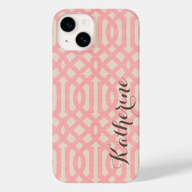 Coques Case-Mate iPhone Lin rustique Monogramme beige et Trellis rose (Verso)