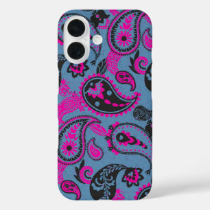 Coque Pour iPhone 16 Linocut Paisley Traditionnel Vivid Rose Dusky Bleu