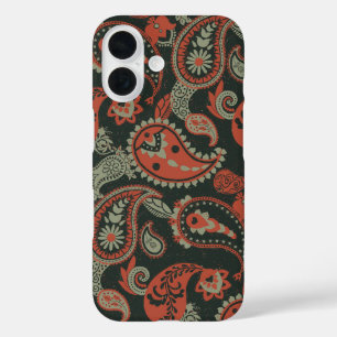 Coque Pour iPhone 16 Linocut Traditionnel Paisley Chaud Orange Mint Ver