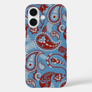 Coque Pour iPhone 16 Linocut traditionnel Paisley Rouge Bleu Blanc