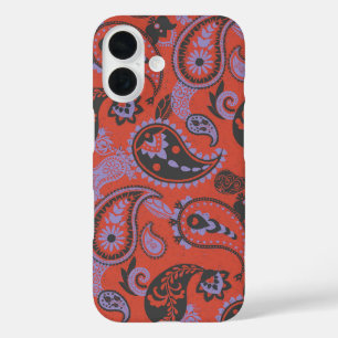 Coque Pour iPhone 16 Linocut Traditionnel Paisley Vivid Orange Violet