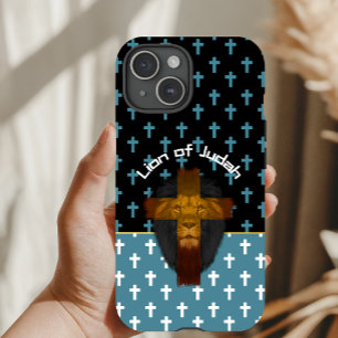 Coque Pour iPhone 15 Lion de Juda Inspirant Noir Bleu Blanc Croix