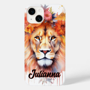 Coque Pour iPhone 14 Lion Pastel Fleurs Safari Aquarelle Savannah Chat