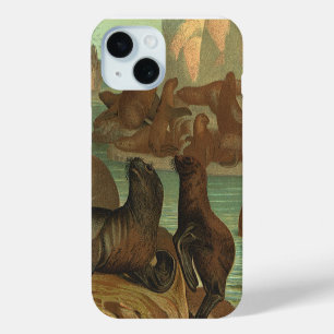 Coque Pour iPhone 15 Lions de mer vintage sur la plage, Vie marine Anim