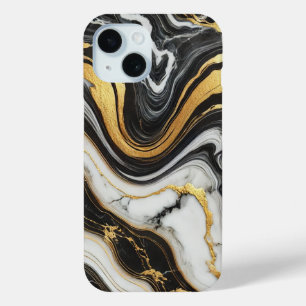 Coque Pour iPhone 15 Liquide Doré Noir Blanc Aspect Marbre Mariage Glam