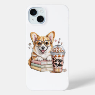 Coque iPhone 15 Mini Livres de Corgis et café glacé pour chien