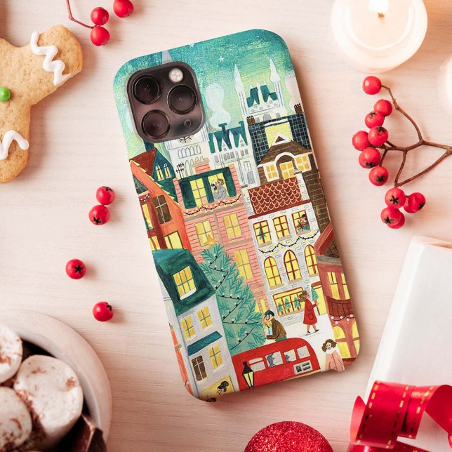 Coques Case-Mate iPhone Londres illustrative en ville enneigée à Noël  (Créateur téléchargé)