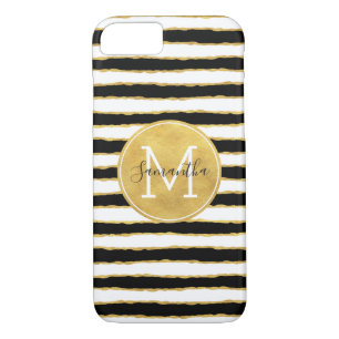 Coque iPhone 7 L'or blanc noir barre le monogramme
