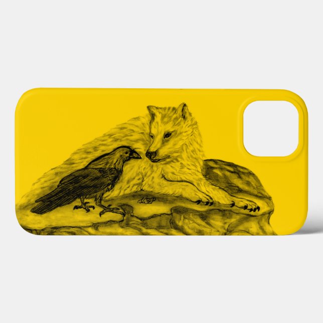 Coques Case-Mate iPhone Loup et corbeau noir et jaune (Verso (horizontal))