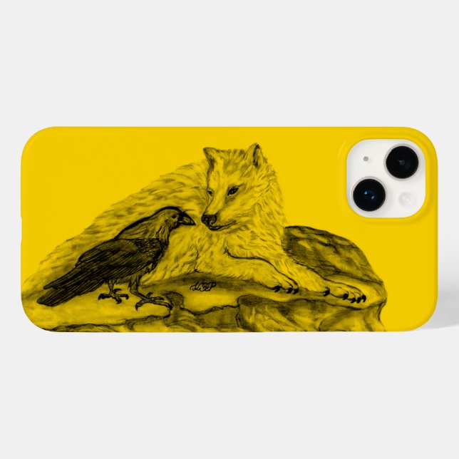 Coques Case-Mate iPhone Loup et corbeau noir et jaune (Verso (horizontal))