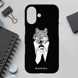 Coque Pour iPhone 16 Loup hipster drôle avec smoking noir personnalisé