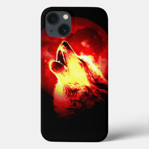 iPhone 13 Case Loup, lune et ciel rouge