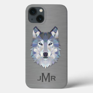 iPhone 13 Coque Loup sur Métal en Acier Brossé Effet Monogramme