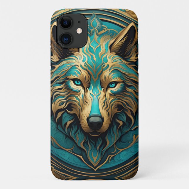Coques Case-Mate iPhone Loup Turquoise et Or (Dos)