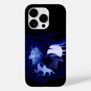 Coque Pour iPhone 14 Pro Loups et corbeau avec pleine lune