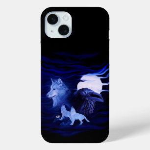 Coque iPhone 15 Mini Loups et corbeau avec pleine lune