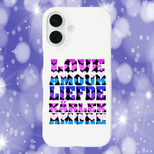 Coque Pour iPhone 16 Love Typographie Langues Coeurs rose violet bleu