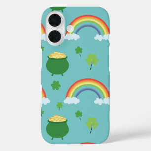 Coque Pour iPhone 16 Lucky Green Shamrock coloré Rainbow Pot or
