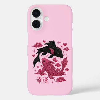 Coque Pour iPhone 16 Lucky Koi Yin-Yang Embroidery | Black & Pink Aesth