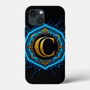 Case-Mate iPhone Case ⚡ Lueur Bleu Électrique Or Monogramme Luxe Néon