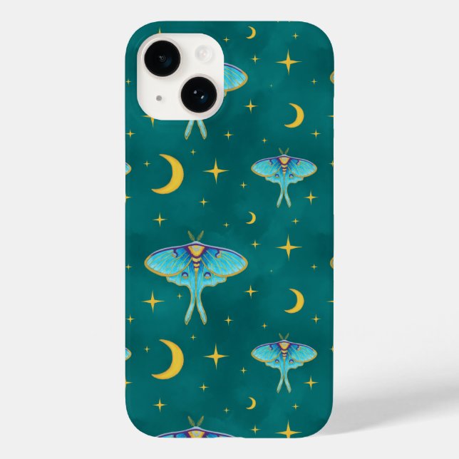 Coques Case-Mate iPhone Luna Moth Céleste Lunes & Étoiles Turquoise (Verso)