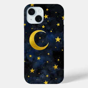 Coque Pour iPhone 15 Lune d'or et étoiles sur marbre bleu foncé