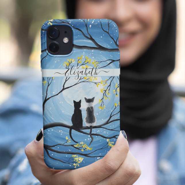 Coques Case-Mate iPhone Lune lunaire avec chats Ajouter un nom (Créateur téléchargé)