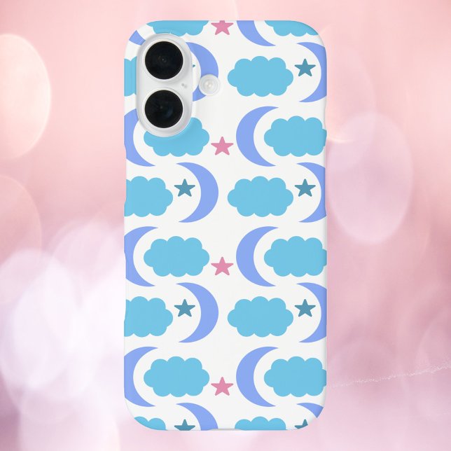 Coques Case-Mate iPhone Lune Nuages Étoiles Motif Bleu pourpre (A cell phone case with a pattern of purple moons, blue clouds and pink stars)