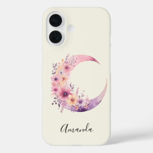 Coque Pour iPhone 16 Lune rose Croissant avec de jolies fleurs