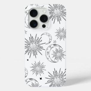 Coque iPhone 15 Pro Lune Soleil & Étoiles Fantaisie Noir & Blanc