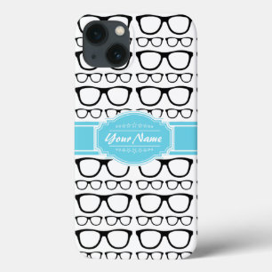 Coques Pour iPhone Lunettes de Geek noir Retro Aqua Nom personnalisé