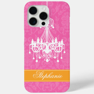Coque iPhone 15 Pro Max Lustre Vintage rose et motif Damas