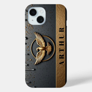 Coque Pour iPhone 15 💎 Luxe Métal Liquide Eagle Flow Or Nom Personnali