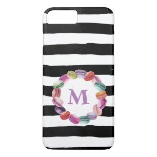 Coque iPhone 8 Plus/7 Plus Macarons Monogramme de couronne noir blanc rayures