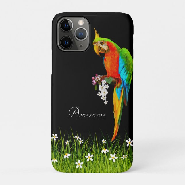 Coques Case-Mate iPhone Macaw & Fleurs blanches tropicales sur noir (Dos)